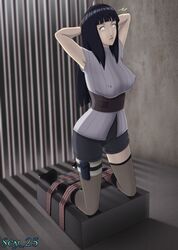 1girls armpits arms_behind_head blue_hair bondage boots clothing erect_nipples female female_only footwear fully_clothed hands_behind_head hyuuga_hinata hyuuga_hinata_(naruto:_the_last) indoors inside knee_boots kneehighs long_hair naruto naruto:_the_last naruto_(series) naruto_shippuden nipple_bulge nipples on_knees platform pokies prison prisoner rope rope_bondage scy_25 short_shorts shorts slave slavegirl soles solo solo_female solo_focus thighhighs tied_hands tied_up white_eyes