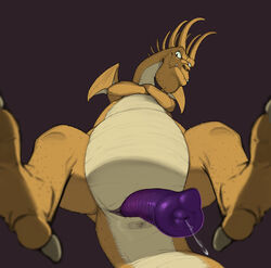 absurd_res animal_genitalia anthro anus bodily_fluids claws crossed_arms dragon erection genital_fluids genital_slit hi_res looking_at_viewer looking_down low-angle_view male male_only membrane_(anatomy) membranous_wings narse nude penis perspective precum purple_penis que_(dimension_hunter_fandora) reptile scalie slit solo standing stubble talons toe_claws western_dragon wings worm's-eye_view