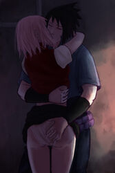 1boy angeljasiel ass_grab ass_visible_through_thighs black_hair closed_eyes clothing couple embrace embracing female fully_clothed hand_on_ass kissing male naruto naruto_(series) naruto_shippuden panties pink_hair pink_panties sakura_haruno sasuke_uchiha skirt skirt_lift skirt_pull standing straight upskirt