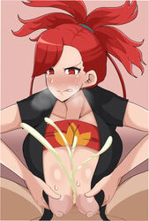 1boy 1girls alternate_breast_size areolae blush breasts censored cg clothes color crazy_nirin cum cumshot dark_skin eye_contact female flannery_(pokemon) flannery_(pokemon_oras) hair huge_breasts human human_only large_breasts long_hair looking_at_viewer male_pov nakadashi paizuri paizuri_lead_by_female paizuri_on_lap paizuri_over_clothes pokemon pokemon_oras pokemon_rse pov red_eyes red_hair shirt smile straight