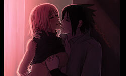 1boy angeljasiel black_hair breast_grab breast_squeeze breasts breasts_out closed_eyes couple female fondle fondling forehead_jewel grope groping male naruto naruto_(series) naruto_shippuden pink_hair ripped_clothing sakura_haruno sasuke_uchiha shirt_lift shirt_pull shirt_up straight underboob