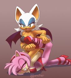 2girls amy_rose female female_only fight fighting nancher pink_fur pink_hair rouge_the_bat sonic_(series) sonic_the_hedgehog_(series) white_fur white_hair wrestling wrestling_outfit