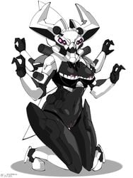 2020 3:4 3_fingers 4_arms alien atraks-1 barely_visible_nipples black_body black_bow_tie black_ribbon bow_tie breasts clothing destiny_(game) eliksni exo female fingers genitals hi_res humanoid hybrid machine maid_hat maid_headdress maid_uniform multi_arm multi_limb multicolored_body nipples pink_sclera purple_nipples purple_pussy pussy ribbons robot signature simple_background sitting solo uniform white_background white_body white_eyes wonderouswiles