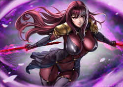 1girls breasts cleavage dandon_fuga fate/grand_order fate_(series) female female_only large_breasts looking_at_viewer pinup scathach_(fate) solo spear weapon