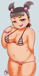 arm_up barrettes bikini black_hair chubby dzyer fat gray_eyes large_breasts open_mouth pussy_juice sadie_(tdi) smiling sweat total_drama_island twintails wet