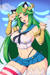 1girls abs animal_ears armlet armpits ass_visible_through_thighs belly blush cat_ears catgirl clothed cosplay crop_top crossover eye_contact frenxir gem goddess gold green_eyes green_hair half-closed_eyes heart heart-shaped_pupils highleg highleg_panties highres jewelry kantai_collection kid_icarus large_breasts long_hair looking_at_viewer microskirt midriff mismatched_legwear navel neck_ring open_mouth outdoors palutena panties paw_pose sailor_collar saliva school_uniform serafuku shimakaze_(kantai_collection) shimakaze_(kantai_collection)_(cosplay) sideboob skirt sky sleeveless sleeveless_shirt solo striped striped_legwear sweat symbol-shaped_pupils text thick_thighs thigh_gap thighhighs thong tiara tongue tongue_out underwear vambraces very_long_hair watermark wet white_legwear wide_hips