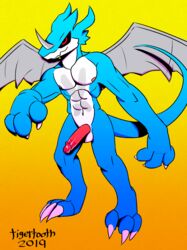 2019 anthro balls digimon digimon_(species) digital_media_(artwork) dragon erection exveemon hi_res humanoid_penis male male_only muscular muscular_male nipples nude pecs penis reptile scalie simple_background smile solo tigertooth wings