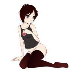 blush bottomless breasts female innocent looking_at_viewer pajamas red_hair ruby_rose rwby see-through shopkeeper_(artist) short_hair shy silver_eyes small_breasts smaller_female thick_thighs thighhighs thighs