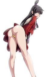 1girls ass black_hair capcom clothing dat_ass female female_only gyakuten_saiban hair maya_fey panties presenting presenting_hindquarters solo the_dark_mangaka thong video_games white_background yellow_thong