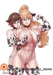 2girls abs aestheticc-meme ahoge annoying_watermark areolae armpits bell belly big_breasts bikini blonde_hair blue_eyes breast_grab breasts brown_hair cleavage clothed collar cosplay cow_ears cow_girl cow_horns cow_print cowbell earrings fake_ears fake_horns female female_only flexing from_behind gloves grey_eyes grin groping half-closed_eyes huge_breasts human large_breasts long_hair looking_at_viewer muscles muscular muscular_arms muscular_female navel patreon patreon_logo patreon_username ponytail pose prosthetic prosthetic_arm purple_eyes reach_around robotic_arm ruby_rose rwby short_hair side-tie_bikini sling_bikini smile standing teeth thick_thighs thighhighs thin_waist url watermark white_background wide_hips yang_xiao_long yuri