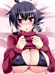 1girls ahoge bed bikini_top black_hair blush breasts breath erect_nipples female huge_breasts lying nishida_megane on_back red_eyes ribbed_sweater shirt_lift short_hair solo string_bikini sweat sweater turtleneck upper_body