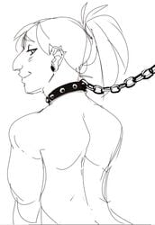 bondage chains collar ear_piercing female femsub hivethebastard leash lyren_(hivebastard) monochrome nude prominent_nose rough_sketch sketch topless