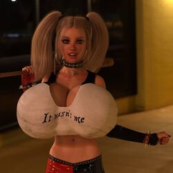 1girls 3d areola areolae baseball_bat batman_(series) big_breasts bimbo blonde_hair breasts bustgoddess busty cleavage collar dc dc_comics eyeshadow female harley_quinn hoop_earrings huge_breasts lipstick makeup pigtails spiked_bracelet spiked_collar twintails voluptuous