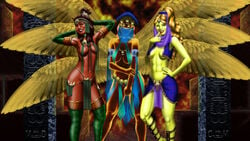 3girls arabian armpits arms_up black_hair blonde_hair breasts busty dark-skinned_female demon djinn genie green_skin harem_outfit loincloth malcolm_douglas multiple_girls navel pelvic_curtain pubic_hair_peek tagme