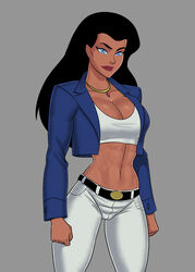 1girls abs belt biceps big_breasts black_hair blue_eyes blue_jacket busty cleavage dc dc_comics dcau diana_prince female female_only fists gold_jewelry huge_breasts justice_league long_hair muscular_female necklace pendant red_lipstick smile solo sunsetriders7 white_pants white_topwear wonder_woman wonder_woman_(series)