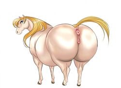 anus ass big_butt equid equine eyelashes female feral horse huge_butt looking_back mammal nikuyoku overweight overweight_female pussy simple_background smile solo white_background