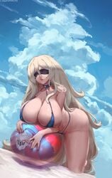 1girls all_fours alternate_breast_size armpits ball bare_shoulders beach bikini blindfold blonde_hair blue_background blue_bikini breasts cleavage clothed clothes cloud clouds cutesexyrobutts day feet goblin_slayer hanging_breasts highres huge_ass huge_breasts long_breasts long_hair outdoors patreon patreon_reward sand shadow sideboob sketch sky sword_maiden_(goblin_slayer) text thick_thighs url very_long_hair watermark wide_hips