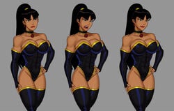 abs angry bangs biceps black_elbow_gloves black_eyes black_hair black_leotard black_thighhighs cameltoe choker covered_breasts dc dc_comics dcuaom earrings elbow_gloves gold_trim hand_on_hip hand_on_leg hourglass_figure justice_league:_crisis_on_two_earths large_breasts leotard long_hair muscular_female no_pubic_hair ponytail red_lips smile smirk sunsetriders7 superwoman superwoman_(mary_batson) thick_thighs thighhighs