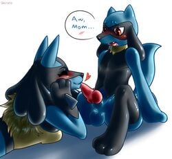 2019 age_difference animal_genitalia animal_penis anthro balls blue_fur blush breasts canid canine canine_penis canis closed_eyes duo erection female fur hair heart incest kissing knot lucario male mammal mother mother_and_son nintendo nude open_mouth parent penis pokemon pokemon_(species) red_eyes riolu secrets-from-dark simple_background size_difference smaller_male smile son straight text toes video_games young younger_male