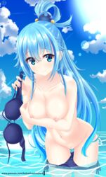 aqua_(konosuba) bangs beads bikini bikini_pull bikini_top_removed blue_bikini blue_eyes blue_hair breast_hold breasts cloud collarbone commentary_request cowboy_shot eyebrows_visible_through_hair female hair_beads hair_between_eyes hair_ornament hair_rings helvetica_5tandard helvetica_std highres kono_subarashii_sekai_ni_shukufuku_wo! large_breasts leaning_forward long_hair looking_at_viewer nipples patreon_username pussy pussy_juice side-tie_bikini smile solo swimsuit very_long_hair