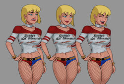 1girls batman_(series) biceps blonde_hair busty cosplay dc dc_comics dcau female female_only galatea harley_quinn_(cosplay) justice_league_unlimited short_hair sleeves_rolled_up solo sunsetriders7 tagme