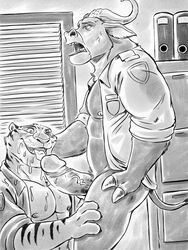 abs anthro balls black_and_white chief_bogo circumcised clothing cum disney erection furryrevolution gay male_only monochrome mostly_nude muscular muscular_male nipples obliques oral pecs penis police_uniform pubes testicles tiger yak yaoi zootopia