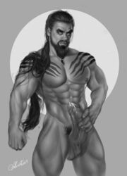 1boy abs aliast669 artist_name artist_signature balls ballsack bara beard beefy big_penis curved_penis daddy erect_nipples erection facial_hair facial_scar foreskin foreskin_folds game_of_thrones greyscale hairy_balls holding_penis horny huge_cock human intact jason_momoa khal_drogo long_hair_male male male_nipples male_only male_pubic_hair manly mature_male monochrome muscles muscular_male mustache nude_male pecs penis precum_drip retracted_foreskin scrotum smooth_skinned_male solo tattoos testicles thick_penis thick_thighs uncensored uncut veiny_penis