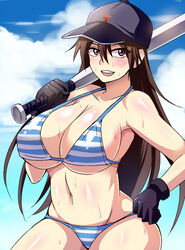 1girls baseball_bat baseball_cap bikini black_gloves blush breasts brown_eyes brown_hair cleavage gloves hat huge_breasts long_hair momoe_maria navel nishida_megane ookiku_furikabutte smile string_bikini striped striped_bikini sweat swimsuit