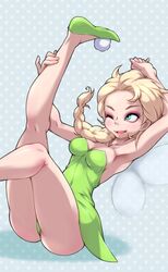 1girls armpits blonde_hair blue_eyes braid breasts clothing cosplay disney disney_fairies dress elsa_(frozen) fairy female frozen_(film) hair_over_shoulder leg_up legs long_hair medium_breasts moyoosu one_eye_closed peter_pan_(disney) png single_braid solo thighs tinker_bell_(cosplay) upskirt