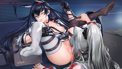 2girls animal_ear_fluff animal_ears arknights bangs black_gloves black_hair black_legwear blaze_(arknights) blue_eyes breasts cat_ears censored cunnilingus ear_piercing female female_only gloves gradient_hair hair_between_eyes highres jacket long_hair mosaic_censoring multicolored_hair one_eye_closed piercing ponytail pussy schwarz_(arknights) small_breasts tail thighhighs very_long_hair white_jacket white_legwear yubo yuri