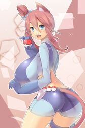 1girls alternate_breast_size arched_back ass bangs blue_eyes blue_gloves breasts cat_ears cat_tail fangs gloves hair_between_eyes holding_poke_ball huge_breasts looking_at_viewer looking_back magister_(bigbakunyuu) maroon_hair nipple_bulge open_mouth pokeball pokemon pokemon_bw presenting_hindquarters red_hair short_ponytail short_shorts shorts side_ponytail sideboob skyla_(pokemon) smile teeth thighs