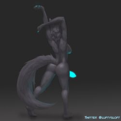 1:1 2019 animal_genitalia animal_penis anthro ass aurora_(lufty) bioluminescence black_fur breasts butt_focus canid canine canis digital_media_(artwork) erection fur futanari glowing gynomorph hair hi_res intersex lufty mammal penis simple_background solo stretching