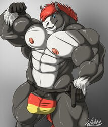 2017 5_fingers abs anthro biceps big_muscles biped blue_eyes bulge clothed clothing countershading deadanthro digital_media_(artwork) equid equine fingers front_view fur grey_background grey_fur grin hair horse huge_muscles humanoid_hands hyper hyper_muscles jockstrap jodira looking_at_viewer male male_only mammal multicolored_fur muscular muscular_male nipples pecs penis_outline pink_nipples portrait quads red_hair signature simple_background smile solo standing teeth three-quarter_portrait topless two_tone_fur underwear white_countershading white_fur