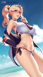 1girls alternate_costume big_breasts blonde_hair blue_eyes breasts cianyo cleavage female female_only glasses large_breasts looking_at_viewer mercy overwatch patreon solo