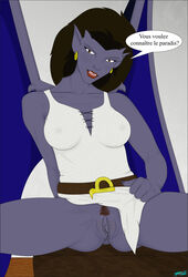 angela_(gargoyles) black_hair clothing clothing_aside dialogue disney ear_piercing ear_ring fab3716 female french_text gargoyle gargoyles hair loincloth loincloth_aside membrane_(anatomy) membranous_wings nipple_outline piercing pubes pussy solo spread_legs spreading text translated wings