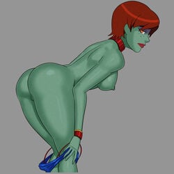 1girls alien alien_girl ass boyshorts bracelets busty collar dc dc_comics dcau eyeshadow female freckles g-string green_skin hourglass_figure looking_at_viewer makeup miss_martian orange_eyes panties pussy red_bracelet red_collar red_hair red_lipstick redhead sci-fi science_fiction scifi short_hair slutty_outfit stripping sunsetriders7 thong undressing