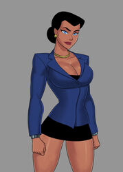 1girls biceps big_breasts black_dress black_hair blue_eyes blue_jacket bun busty cleavage dc dc_comics dcau diana_prince female female_only fists gold_jewelry golden_earrings hair_bun justice_league long_hair muscular_female necklace red_lipstick short_dress solo sunsetriders7 wonder_woman wonder_woman_(series) wristband