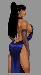 abs ass ass_cleavage bangs biceps black_eyes black_hair blue_dress butt_crack choker cleavage covered_breasts covered_nipples dc dc_comics dcuaom dimples_of_venus earrings elbow_gloves golden_earrings hand_on_thigh hoop_earrings hourglass_figure justice_league:_crisis_on_two_earths large_breasts leotard long_hair looking_at_viewer looking_back looking_back_at_viewer mary_batson(alt) muscular_female nipples nipples_visible_through_clothing no_pubic_hair ponytail red_lips seductive seductive_smile sideboob smile smiling_at_viewer smirk sunsetriders7 superwoman superwoman_(mary_batson) thick_thighs