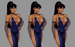 abs angry bangs biceps black_eyes black_hair blue_dress choker cleavage covered_breasts covered_nipples dc dc_comics dcuaom earrings elbow_gloves hand_on_hip hand_on_leg hourglass_figure justice_league:_crisis_on_two_earths large_breasts long_hair mary_batson(alt) muscular_female nipples nipples_visible_through_clothing no_pubic_hair ponytail red_lips smile smirk sunsetriders7 superwoman superwoman_(mary_batson) thick_thighs