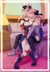 1boy 1girls astolfo_(fate) breast_sucking fate_(series) female femboy femboy_on_female fingering male miyamoto_musashi_(fate) straight straight_trap trap