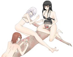 3girls blindfold bra censored femdom group lying naked neriaisu nude open_mouth penis reverse_bullying reverse_gangbang smile white_background wound