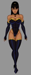 abs bangs biceps black_elbow_gloves black_hair black_leotard black_thighhighs cameltoe choker closed_eyes covered_breasts dc dc_comics dcuaom earrings elbow_gloves gold_trim hourglass_figure justice_league:_crisis_on_two_earths large_breasts leotard long_hair muscular_female no_pubic_hair pinup ponytail pose posing red_lips smile smirk sunsetriders7 superwoman superwoman_(mary_batson) tagme thick_thighs thighhighs