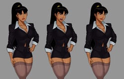 angry bangs biceps black_eyes black_hair black_jacket black_skirt blouse business_suit business_woman cleavage covered_breasts dc dc_comics dcuaom dress_shirt earrings hand_on_hip hand_on_leg hourglass_figure justice_league:_crisis_on_two_earths large_breasts leotard long_hair mary_batson(alt) miniskirt muscular_female navel no_pubic_hair office office_lady pencil_skirt ponytail red_lips skirt smile smirk stockings suit sunsetriders7 superwoman superwoman_(mary_batson) thick_thighs thighhighs tight_skirt white_blouse white_shirt