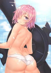 ass back back_view blush fate/grand_order fate_(series) from_behind looking_back mash_kyrielight naked pink_hair shield smile underwear xiao_miao