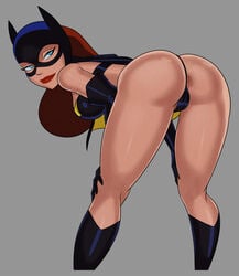 1girls anus ass barbara_gordon batgirl batman:_the_animated_series batman_(series) bedroom_eyes belt bent_over blue_eyes boots bra busty cameltoe cape corruption cowl dc dc_comics dcau elbow_gloves eyelashes female female_only g-string high_boots looking_back partially_visible_anus presenting red_hair red_lipstick redhead smiling solo sunsetriders7 tagme thong