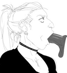 1boy 1girls aquiline_nose big_nose blowjob choker clothed dark-skinned_male dark_skin deep_blowjob deepthroat ear_piercing fellatio female hivethebastard interracial lyren_(hivebastard) male monochrome oral penis prominent_nose sketch unseen_male_face