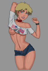 1girls american_flag blonde_hair blue_eyes breasts collar confederate_flag confederate_flag_shirt confederate_flag_t-shirt crop_top cutoffs daisy_dukes dc dc_comics dcamu denim denim_shorts female female_only freckles jean_shorts national_personification nipples short_hair shorts solo sunsetriders7 tagme tara_markov teen_titans teen_titans:_the_judas_contract terra_(dc) terra_(dcamu)