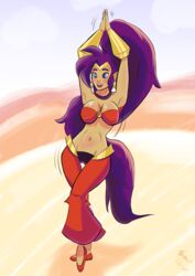 1girls arabian_clothes bare_midriff belly belly_dancer belly_dancer_outfit big_breasts blue_eyes breasts cameltoe collar dance dark-skinned_female dark_skin desert earrings female female_only genie happy harem_outfit long_ears long_hair purple_hair shantae shantae_(character) smooth_skin smutstrut solo stomach thick_thighs