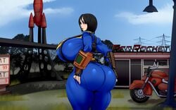 1girls absurdres ass ber00 bethesda_softworks black_hair bodysuit breasts clothed computer electronics eye_contact fallout fallout_(series) fallout_4 female female_only half-closed_eyes highres huge_ass huge_breasts human hyper hyper_breasts large_ass looking_at_viewer looking_back motorcycle muscular_female original_character outdoors pale_skin pip-boy red_rocket seductive short_hair solo text thick_thighs tight_clothing vault_dweller vault_girl vault_meat vault_suit wide_hips wristwear