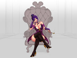 big_breasts busty cleavage kingdom_of_deception nomo purple_hair sitting thick_thighs tied_hair tyra_(kingdom_of_deception) wide_hips